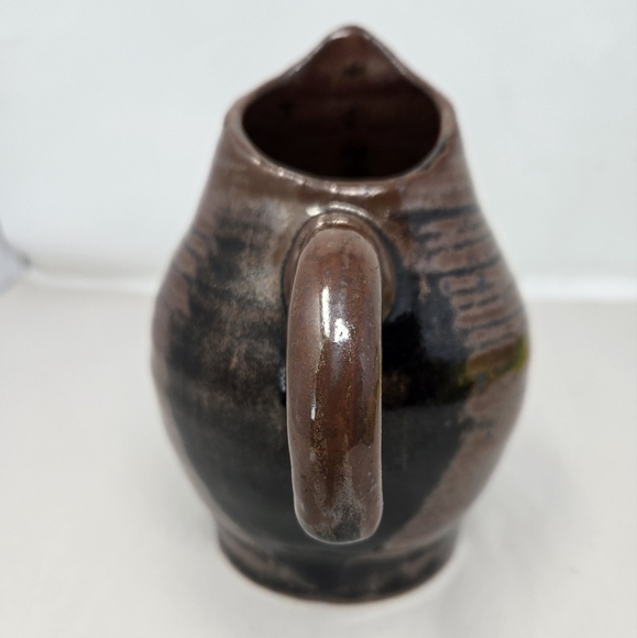 Studio Pottery Art Flower Vase With Handle Heavy Painted Black & Brown Glazed - Picture 5 of 10